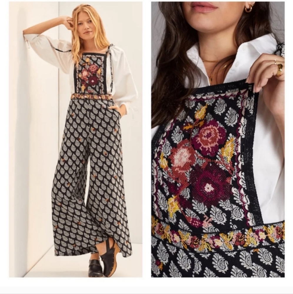 Anthropologie Embroidered Wide Leg Jumpsuit